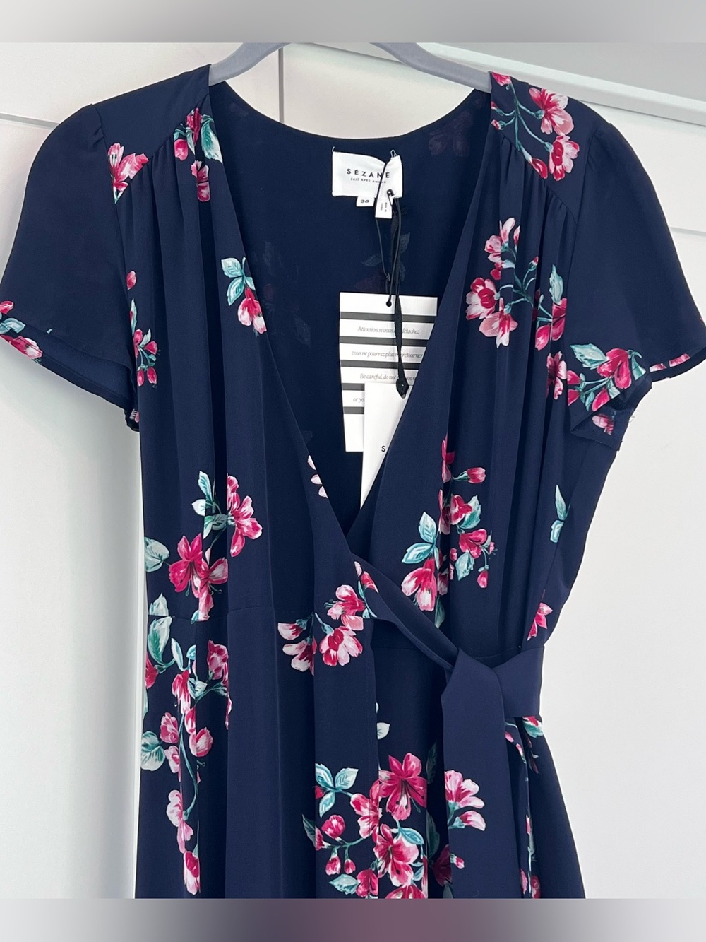 Sézane Navy Floral Wrap Midi Dress - Navy with Pink Floral Print